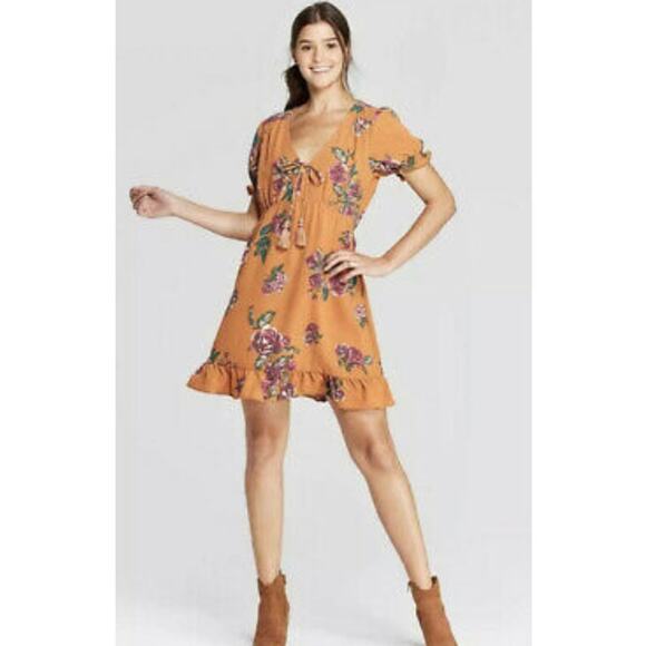 NWT Xhiliration Boho Mustard Yellow Tan Floral Tunic Dress Size Medium - Picture 1 of 6